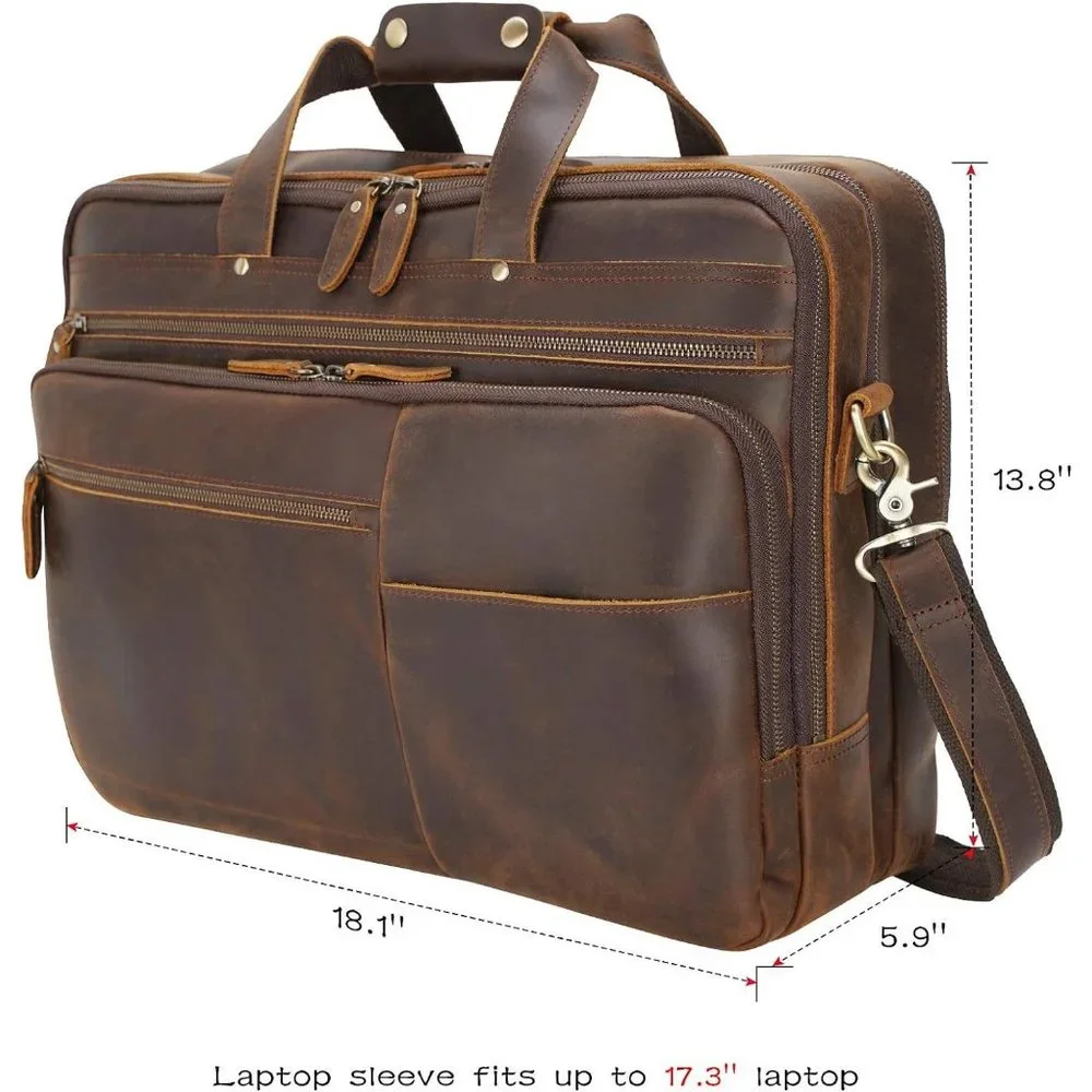 Polare Large Full Grain Leather Briefcase For Men Travel Case Messenger Bag
